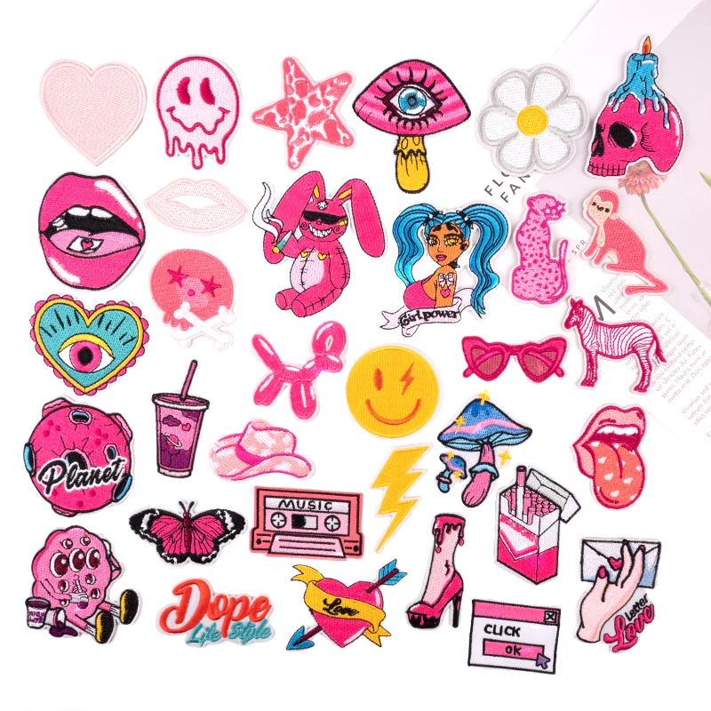 Cartoon Graffiti Patches Embroidered Patches for Clothing Fashion Iron On Patches On Clothes Pink Badges On Backpack Accessory