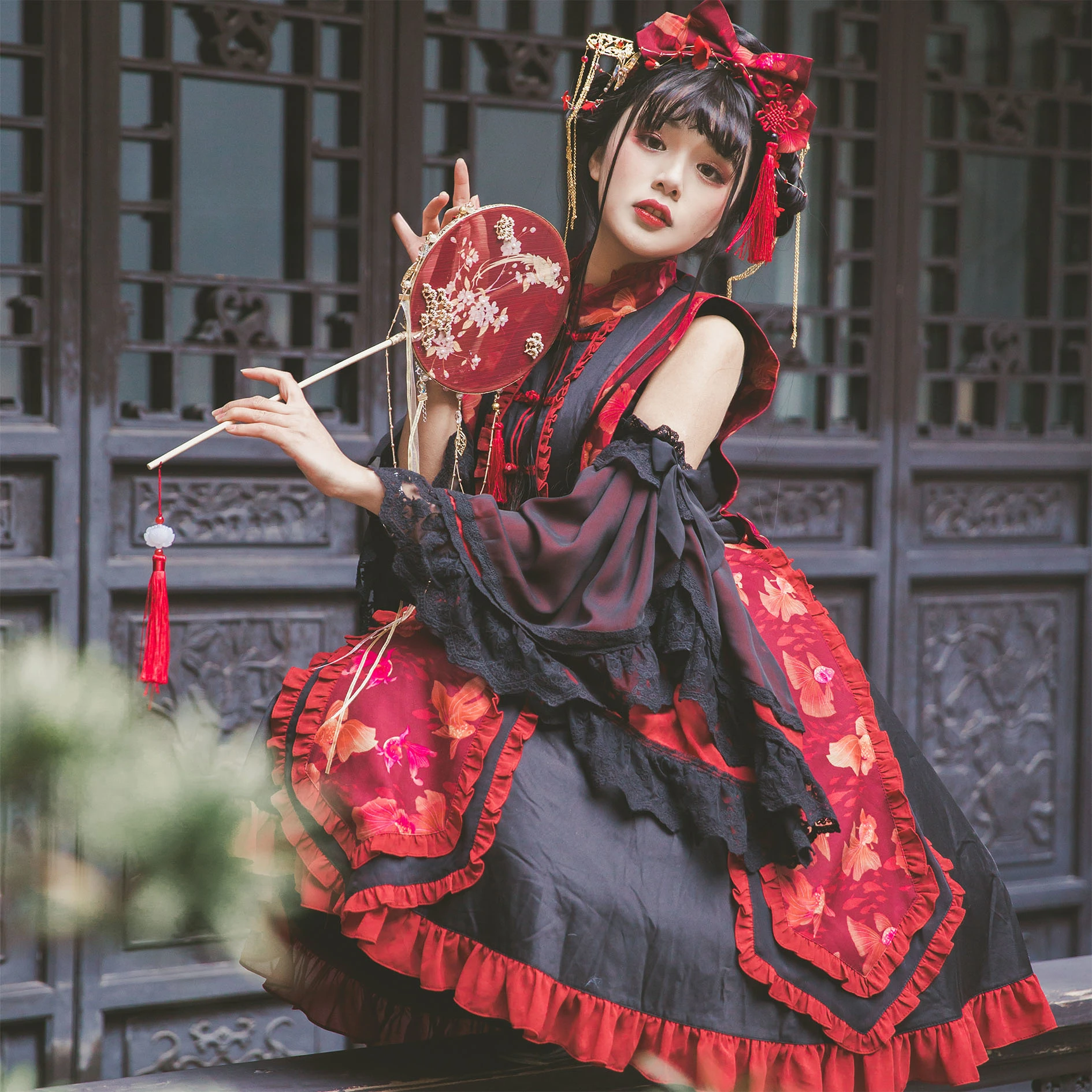 

Dark Gothic Lolita Set Chinese Ghost Jiangshi Summer Retro Short Skirts Cute Chinese Style Lolitas Outfit Top+Skirt+Hat