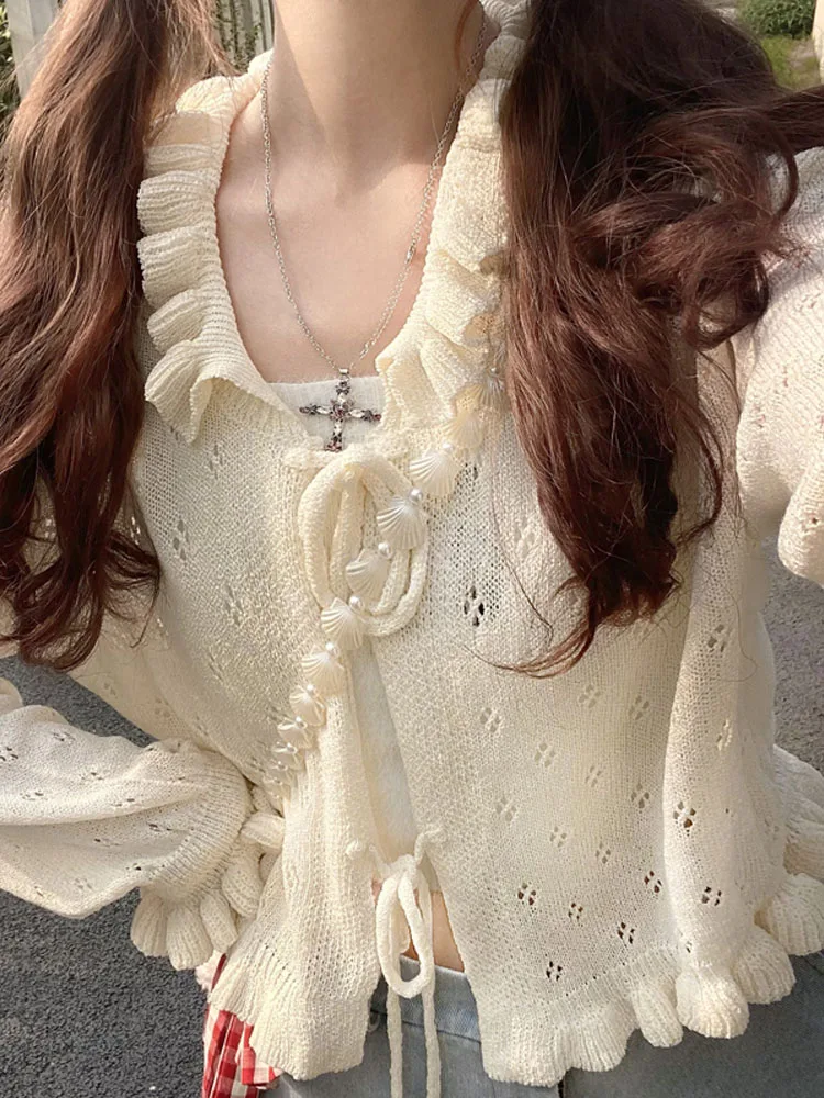 KIMOKOKM Japanese Preppy Style Sweet Girly Bandaged Bow Cardigan Vintage Solid Color Sweetheart Flare Sleeve Knitting Sweater