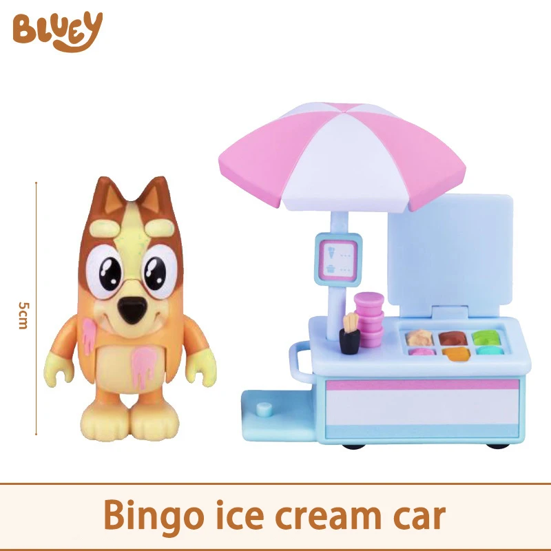 Bluey And Bingo Figures Cartoon Anime Toys Set Model Travel Car Bicycle Ice Cream Truck Desktop Decorations Kids Birthday Gifts