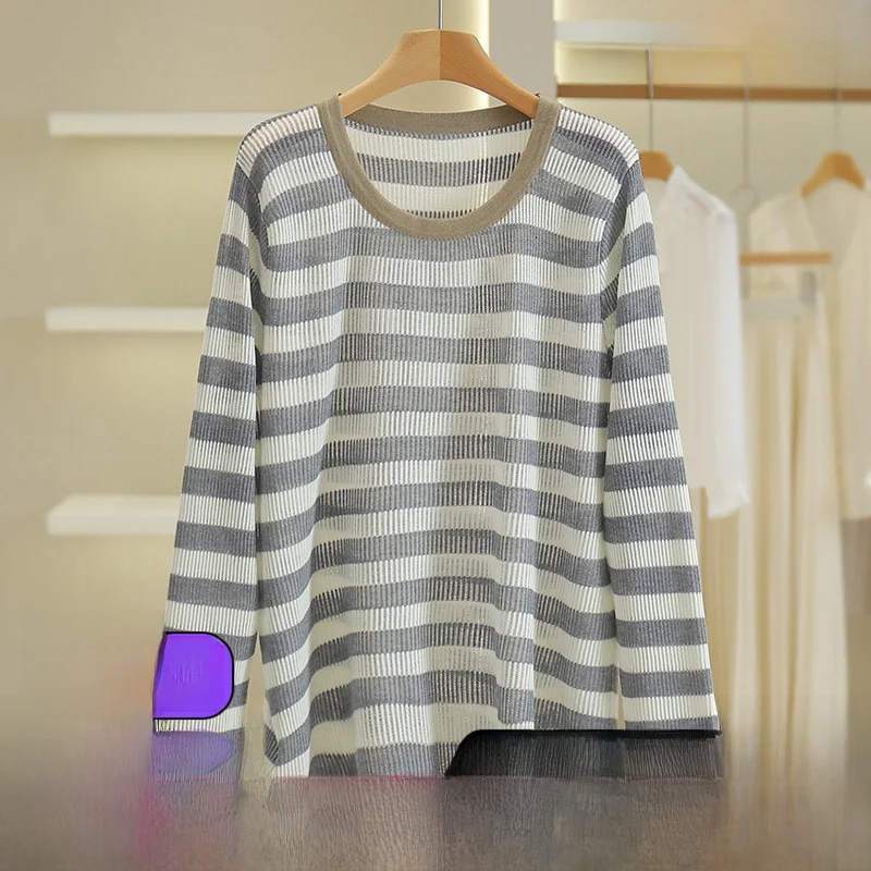 

Свободный длинный вязаный свитер Sve, женский круглый полосатый повседневный удобный брендовый свитер на пуговицах, осенний модный свитер для поездок на работу