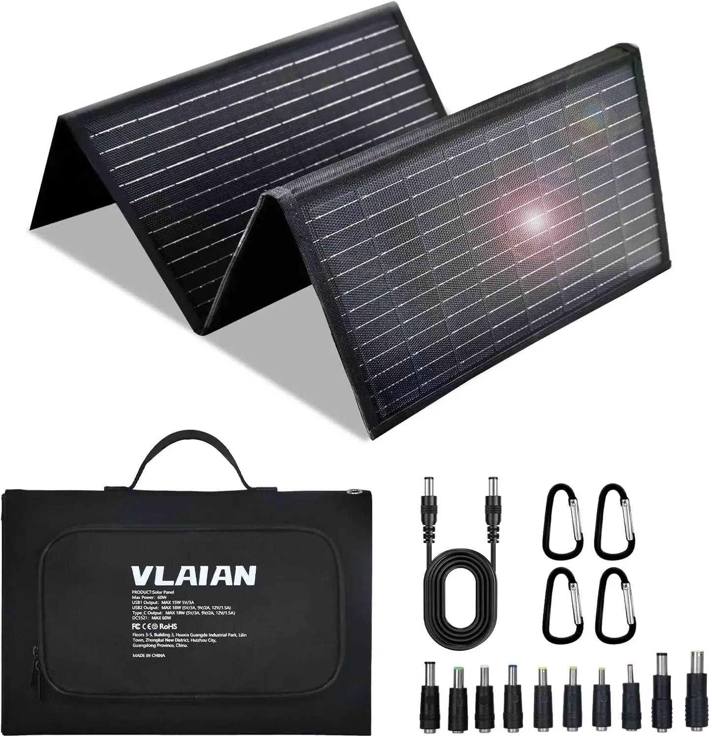 

60W Portable Foldable Solar Panel with QC3.0 USB-A/C, IP67 Waterproof for Camping Hiking Outdoor Power
