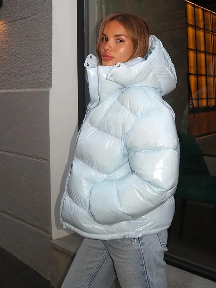 Kurze Glänzende Kapuzenjacke für Damen, Street-Style Stehkragen, Laternenärmel, Lose Passform, Modische Damenjacken, Neue Oberbekleidung – Detail 23