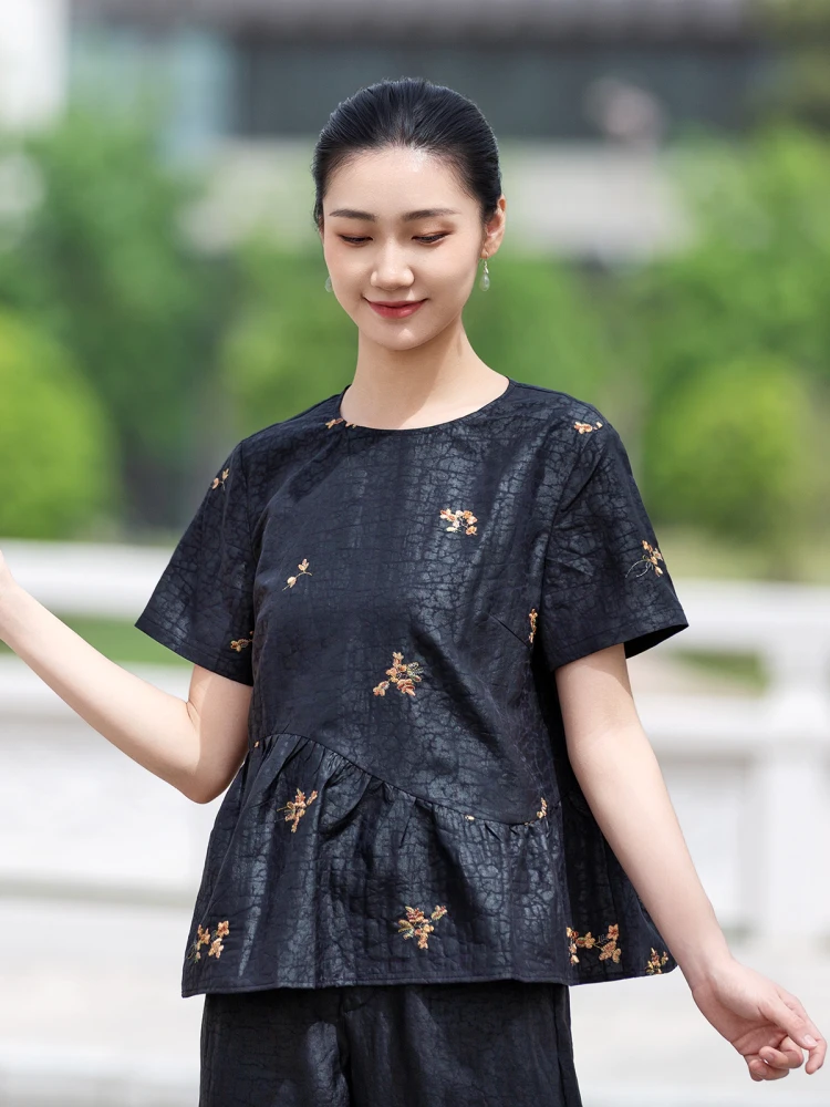 

Young Sle ort Sve T-irt Embroidered Silk Young Faionable Overhead Doll irt True Silk Xiangyun Silk Top