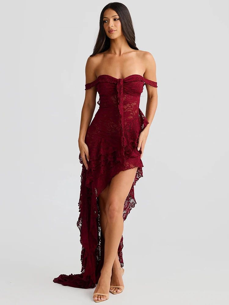 

Asymmetric Hem Maxi Dress Women Summer Fashion Ruffles Off-shoulder Strapless Sexy Dresses Lady Elegant Evening Party Long Dress