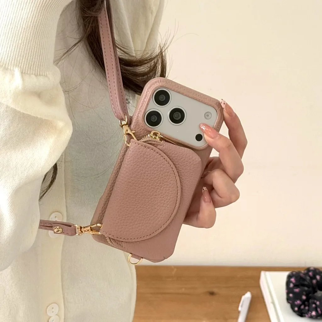 Crossbody Lanyard Phone Case For iPhone 17 Pro Max Air 17e 16e 15 14 Plus 13 12 Mini 11 Mirror Zipper Card Holder Wallet Cover