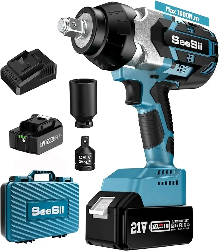 

Seesii 1600N.m Cordless Impact Wrench, 3/4 inch, 5.0Ah Battery, Blue, Brushless Motor, LED Light, 24x7 Customer Support