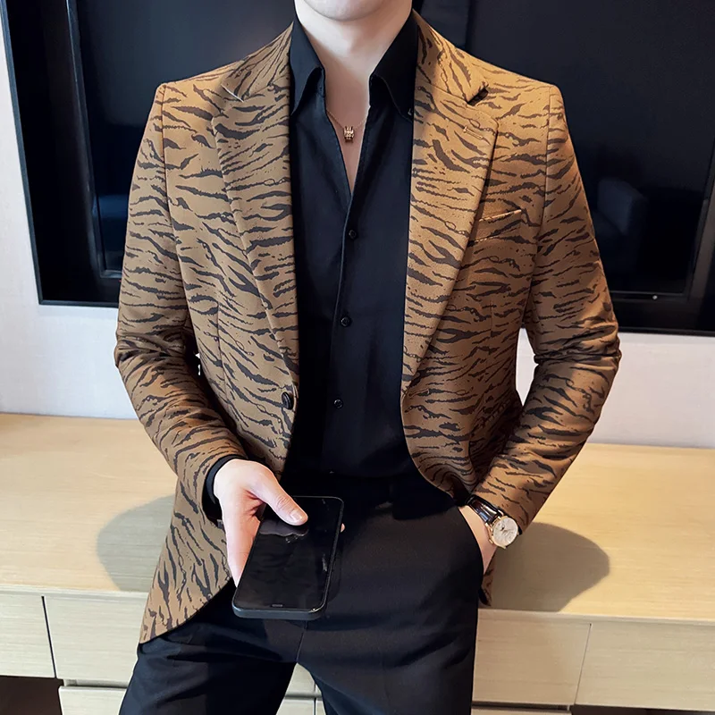 2024 Autumn New Men\'s Leopard Print Suit Jacket Blazer High-quality Slim Fit Business Fashion Social Tailcoat Dress Suit Jacket