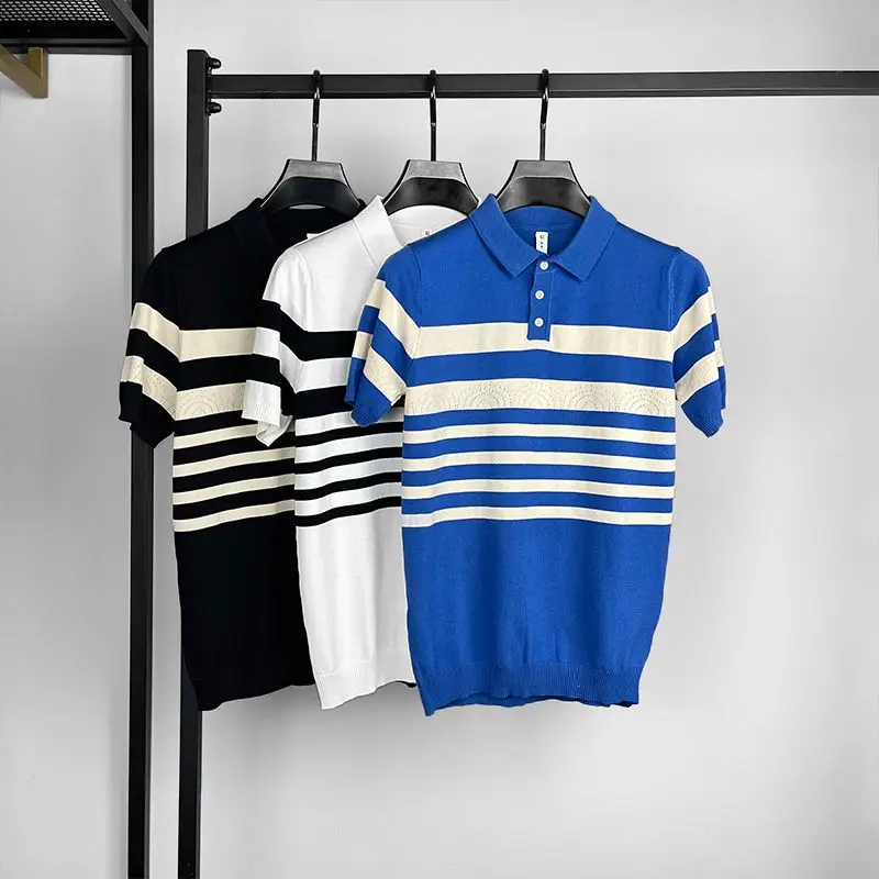 

2024 British Style Summer Contrast Short Sleeve Knitted Polo-shirt Men Fashion Stripe Slim StripeTee High Quality Clothing Q60