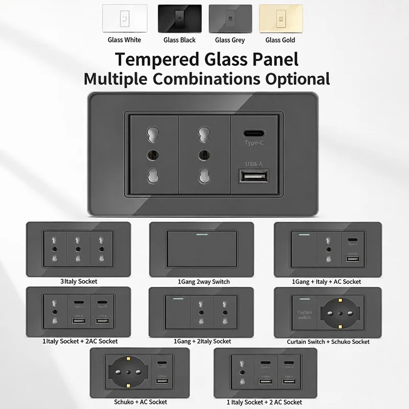 118x75mm Tempered Glass Modular Wall Socket Panel Italy Schuko Outlet USB Type-C CAT5 CAT6 TV SAT Telephone Switch Home Office