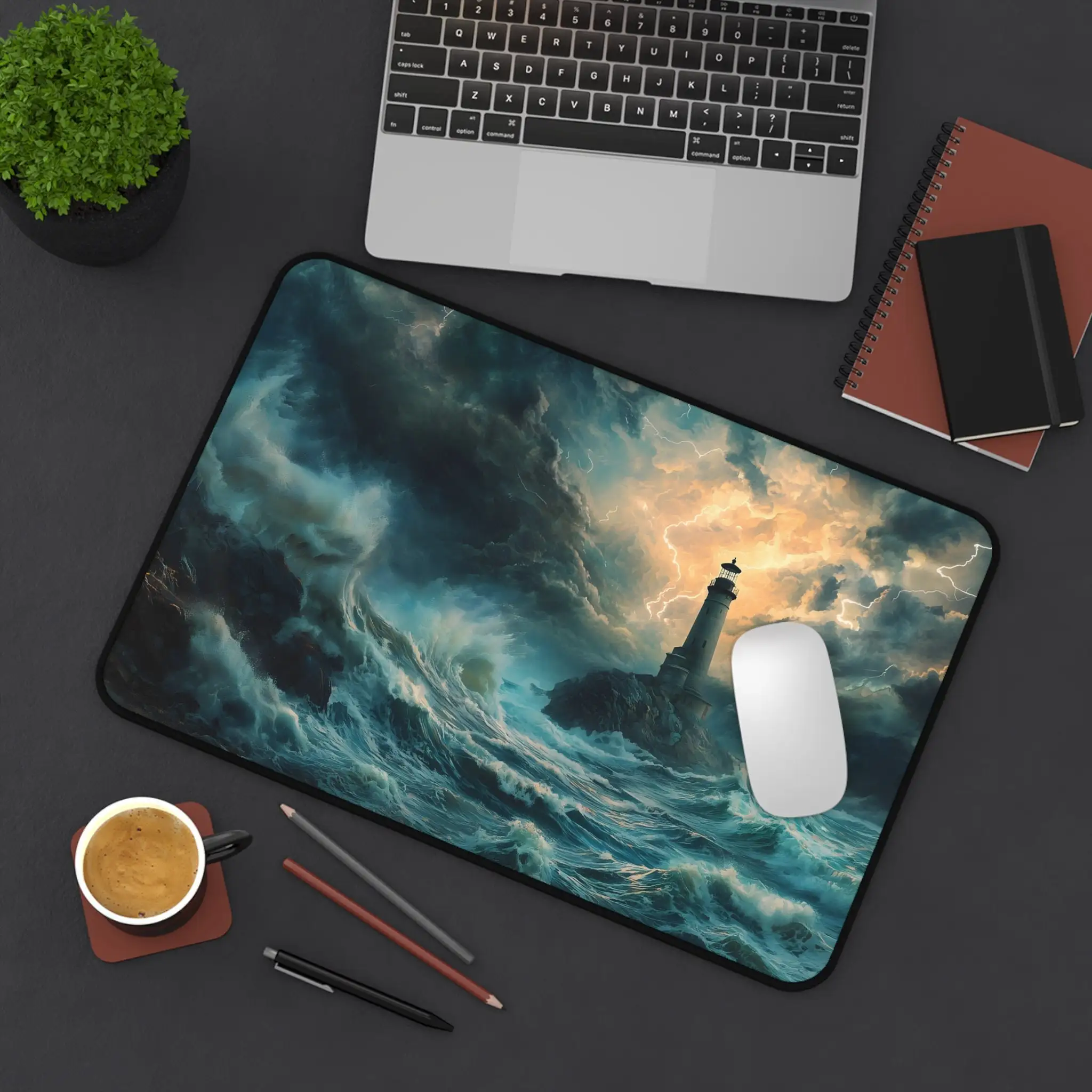 

Lighthouse Table Mat, Sea Storm Mouse Pad XXL, Non-Slip Game Mat, Stormy Sky Coast Art Tabletop Decor for Work and Play