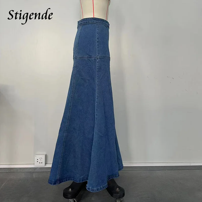 Stigende Back Zipper Denim Mermaid Maxi Skirt Women Patchwork Fit and Flare Loose Long Swing Skirt