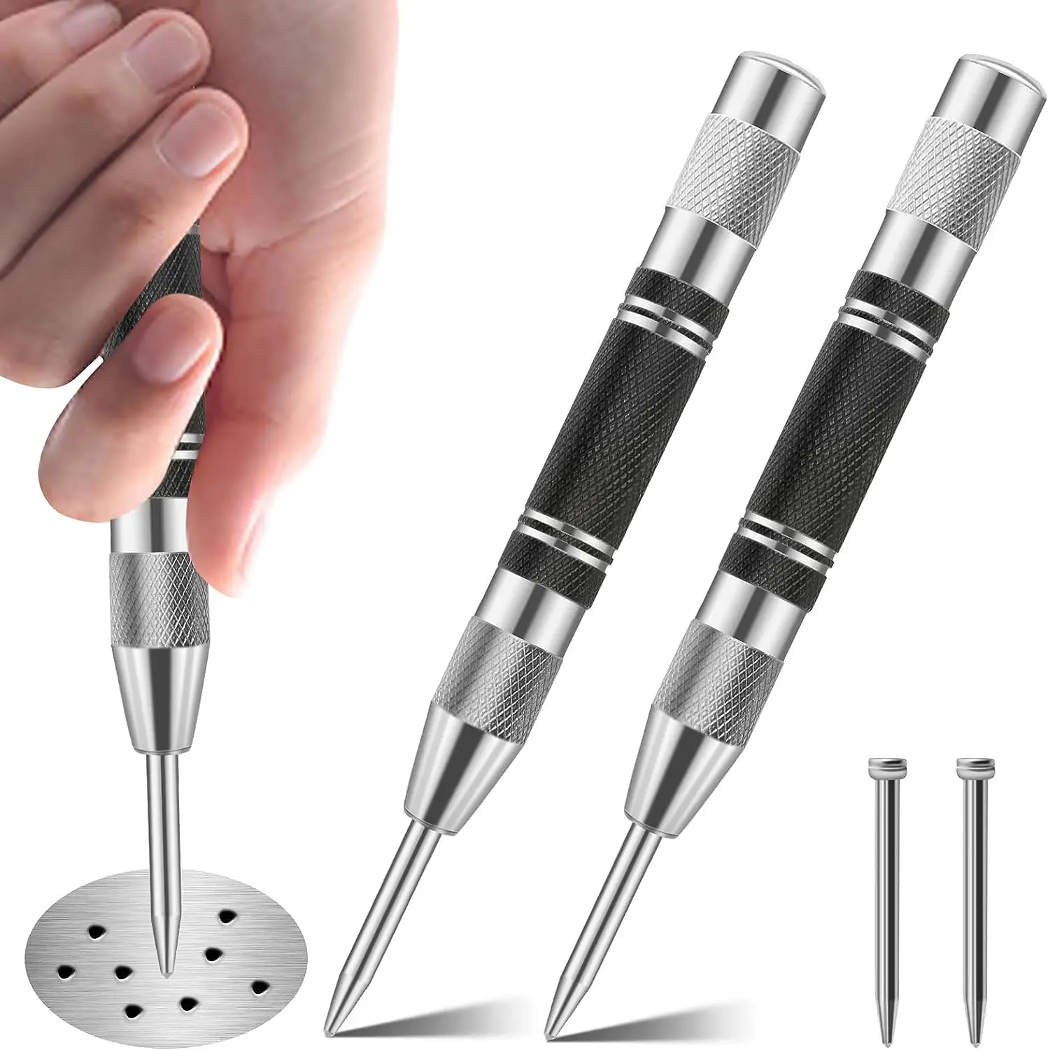 2-Piece Duty Automatic Center Punch And 4PCS Spring Loaded Center Hole Punch Marker Scriber Tool, for Metal Wood Glass Plastic