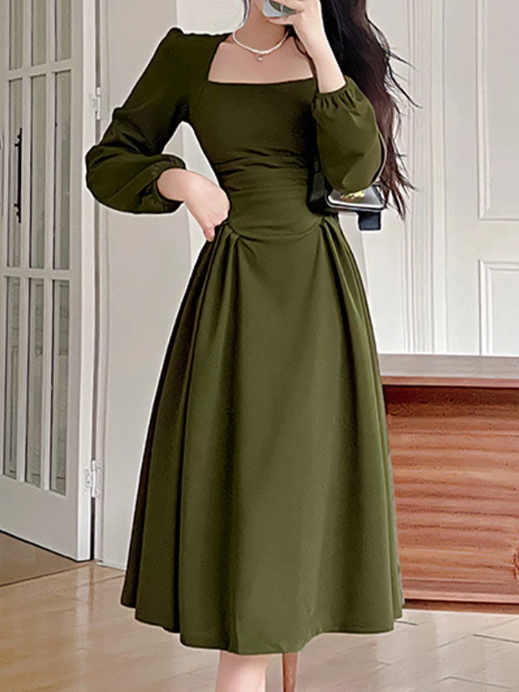 Elegant French Style Dresses For Women Square Collar Long Sleeve Green  Dress Vintage Temperament Bodycon Pleated Party Dresses - AliExpress  200000345