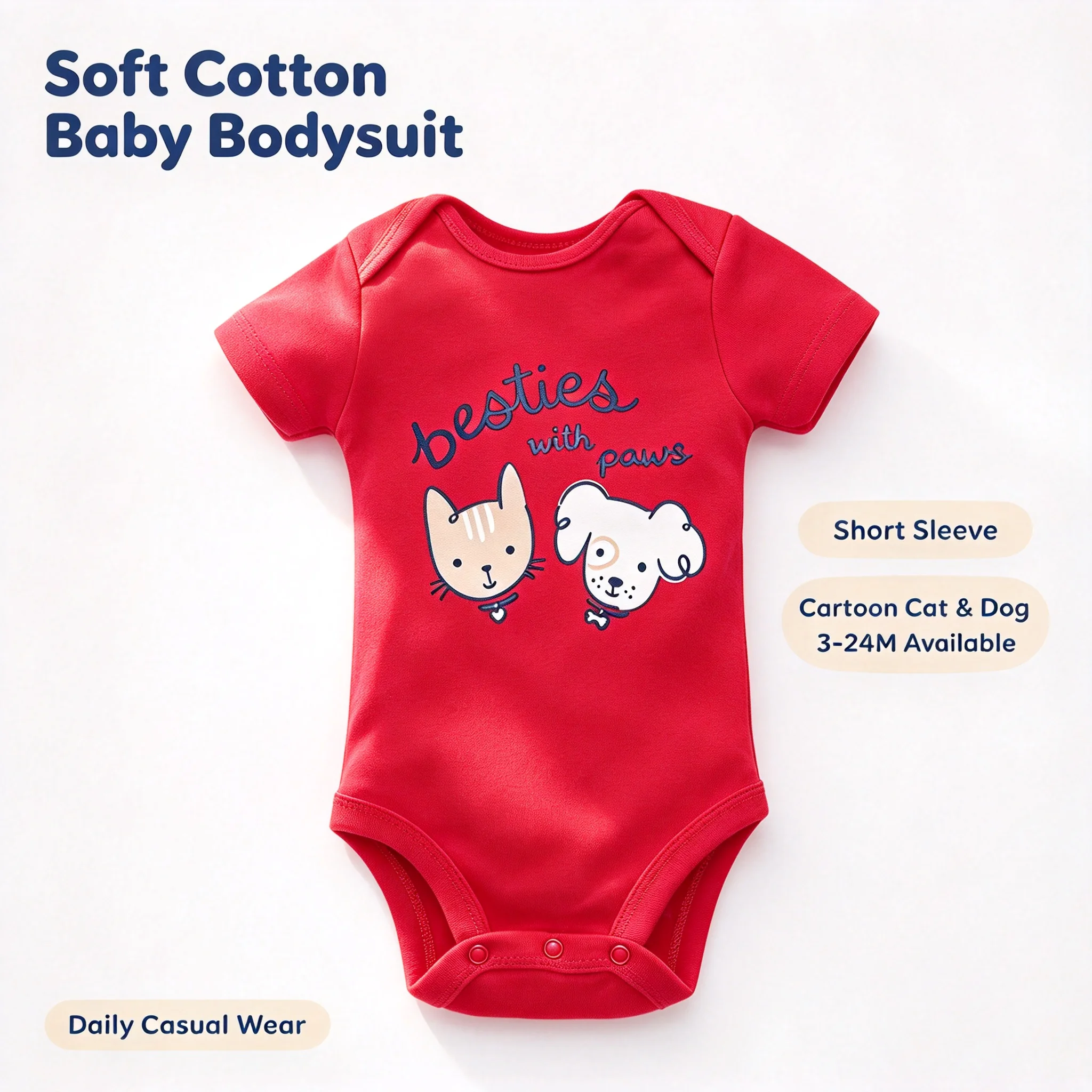 Short Sleeve Cotton Baby Bodysuit Cute Cat Dog Cartoon Print Unisex Infant Triangle Rompers Daily Wear Baby Clothing Sizes 3-24M