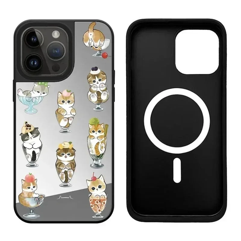 Cute Dessert Cat iPhone 11 12 13 14 15 Pro Max Mirror Surface MagSafe Case Cover Shell