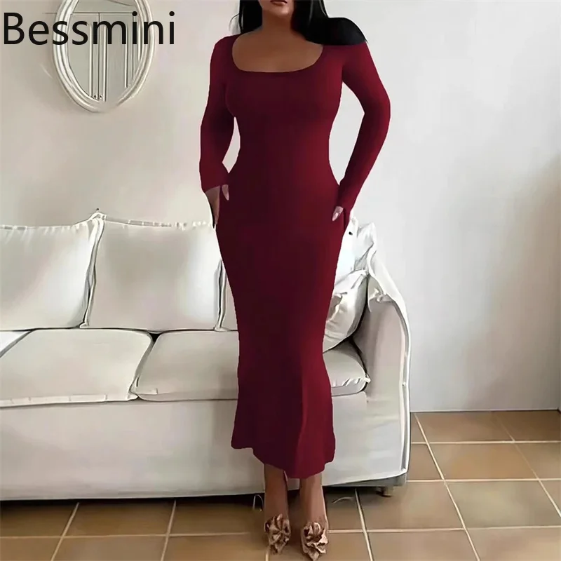 

2025 Autumn Women's French Sexy Square Collar Tight Slim Long Sleeve Fishtail Dress Long Maxi Dress Fashion Sweet Robe Women