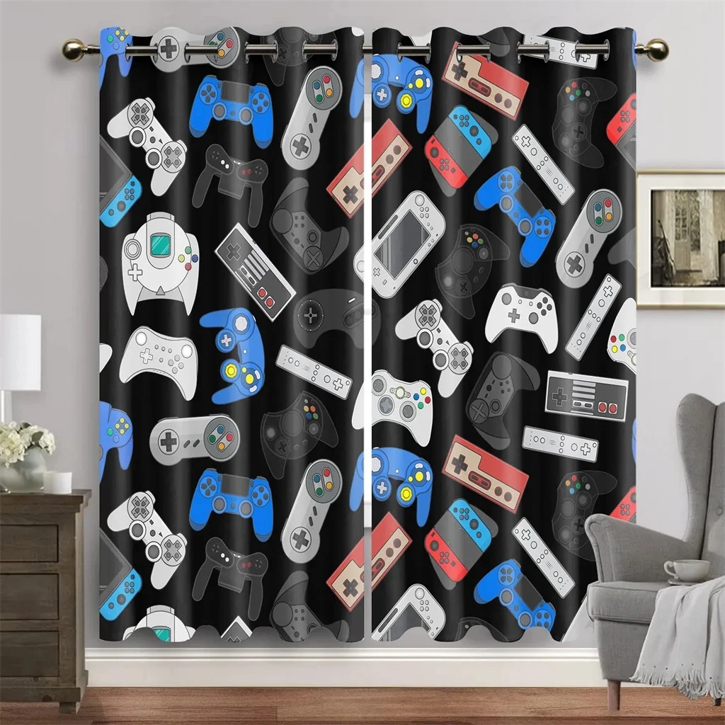 Cartoon Gamepad Switch Curtains for Boys Bedroom Graffiti Words Video Games Window Drapes Game Players Living Room Decoration