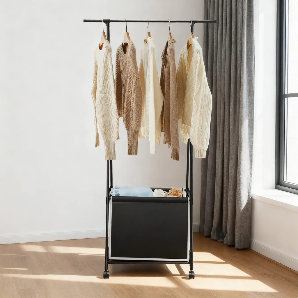 

Lightweight Stable Rolling Clothes Rack with Laundry Basket Tiered Coat Rack with Wheels for Bedroom Living Room Apartment