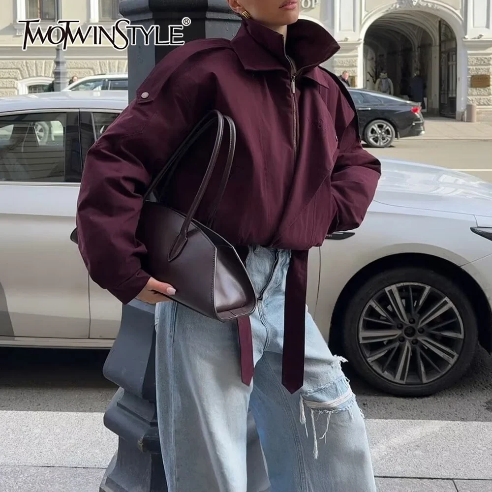 

TWOTWINSTYLE Solid Color Vintage Jackets for Women Stand Collar Long Sleeve Loose Spliced Zipper Fashion Basics Coat Female New