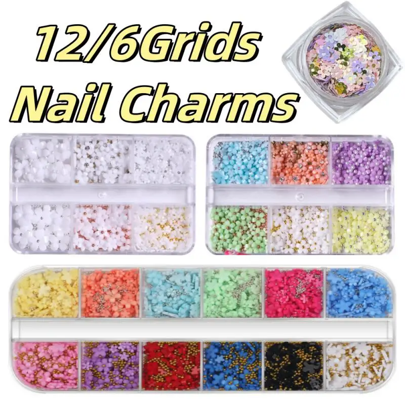 Resin Acrylic Flower Nail Charms 3D Flower Nail Art Rhinestones Mixed Pink White with Beads 3D Five Petal Floral DIY Nail Parts