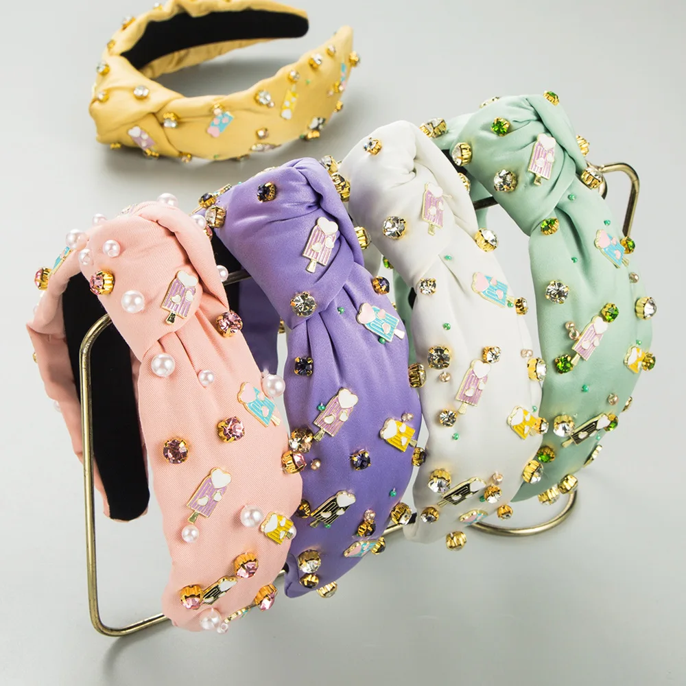 

Весенняя мода: Новая повязка на голову в стиле барокко, ручная работа, с жемчугом и драгоценными камнями, персонализированные аксессуары для волос в виде мороженого