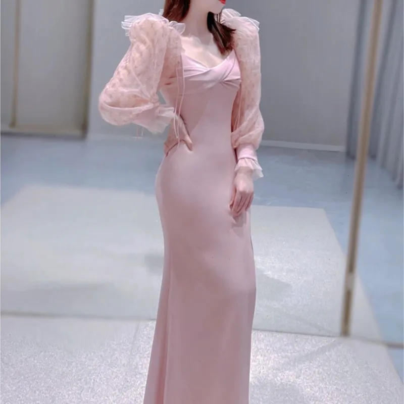 

Temperament Sweetie's new pink puffed sleeve waisted fishtail hosting banquet dress