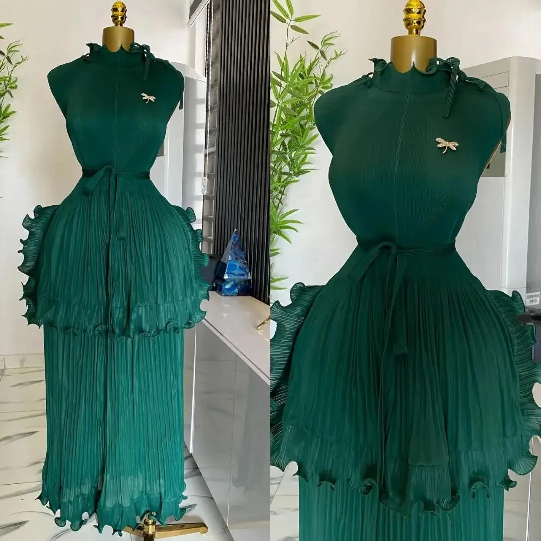 EGRM 2025 Zomer Nieuwe Geplooide Jurk vrouwen Solid Mouwloze Ruches Kanten Onderkant Rok met Riem Mode Vrouwelijke Jurken 9R5618