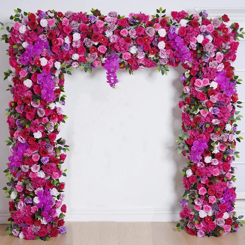 

Flower Wedding Backdrop Arch Frame Decor Hot Pink Rose Orchid Green Leaf Flower Row Runner Arrangement Event Stage Floral Stand