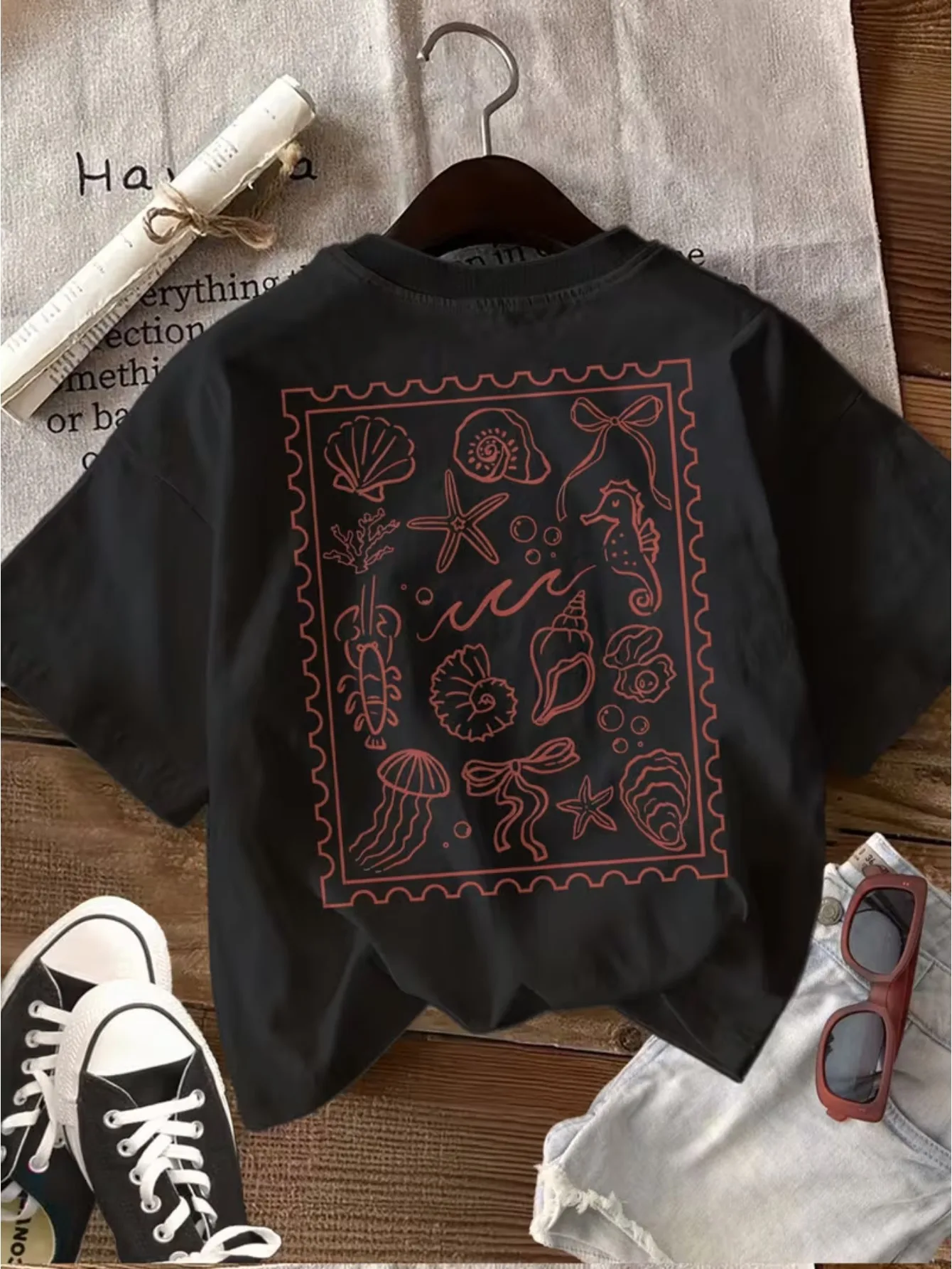 Meerestier-T-Shirt, Seepferdchen, Seestern, Grafik-T-Shirt, Vintage, künstlerische Küstenästhetik, Harajuku, Streetwear, Top, lässig, Unisex, Sommer-T-Shirt – Detail 2