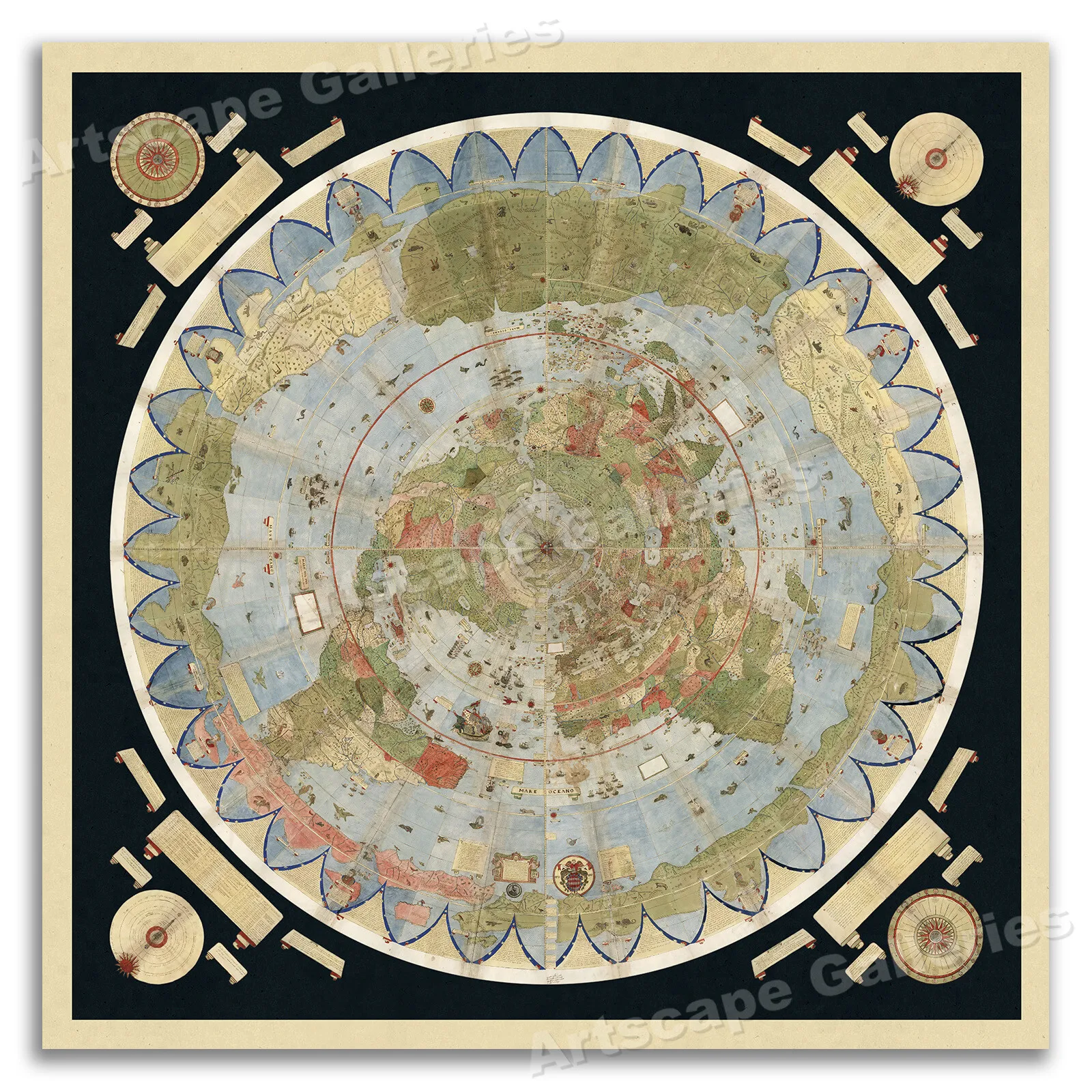 Mapa del Mundo Plano de 1587 - Arte de Mapa Vintage Urbano Monte, Decoración de Pared con Globo Terráqueo, Decoración de Roma
