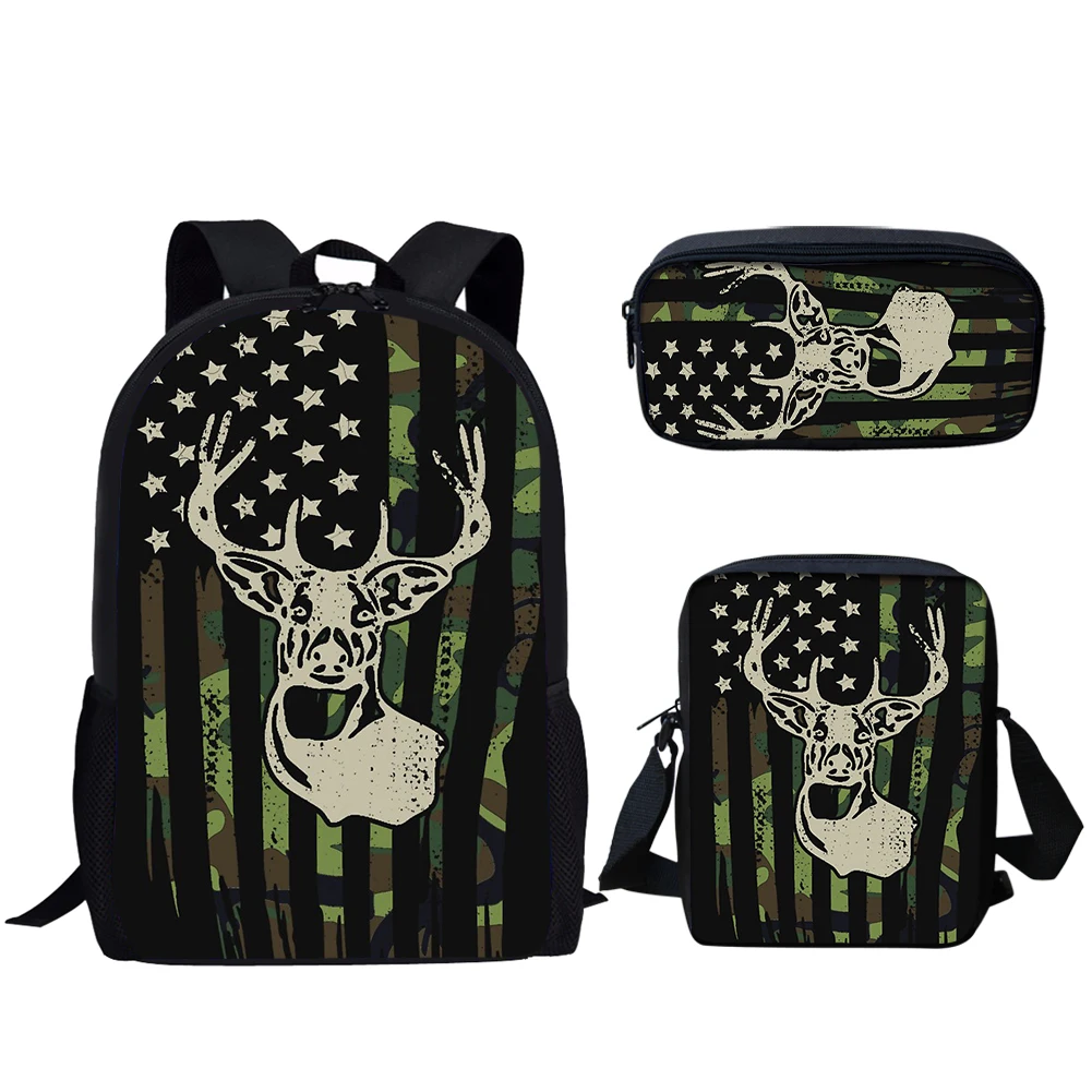 

Kids Large Capacity Backpack 3Set Camo Hunting American Flag Deer Print Lightweight Schoolbags for Teen Boys Casual Book Bags