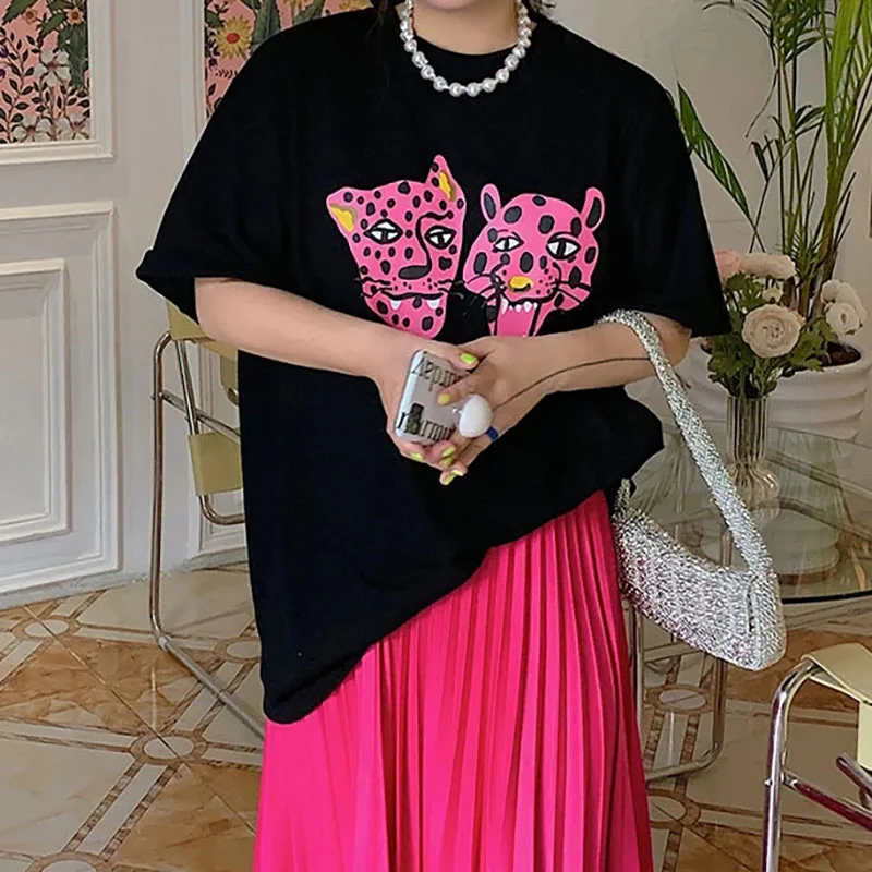 لطيف الوردي ليوبارد الطباعة الجرافيك القمم الصيف النساء الشارع موضة تي شيرت قصيرة الأكمام فضفاضة القطن مضحك القمم 90s Y2K