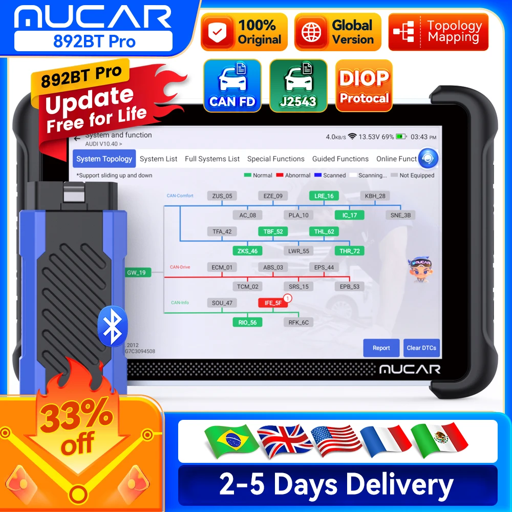 MUCAR 892BT AI 자동 OBD2 스캐너 토폴로지 맵 모든 시스템 진단 35가지 리셋 ECU 코딩, J2534 /CAN FD/DoIP 평생 무료 업데이트