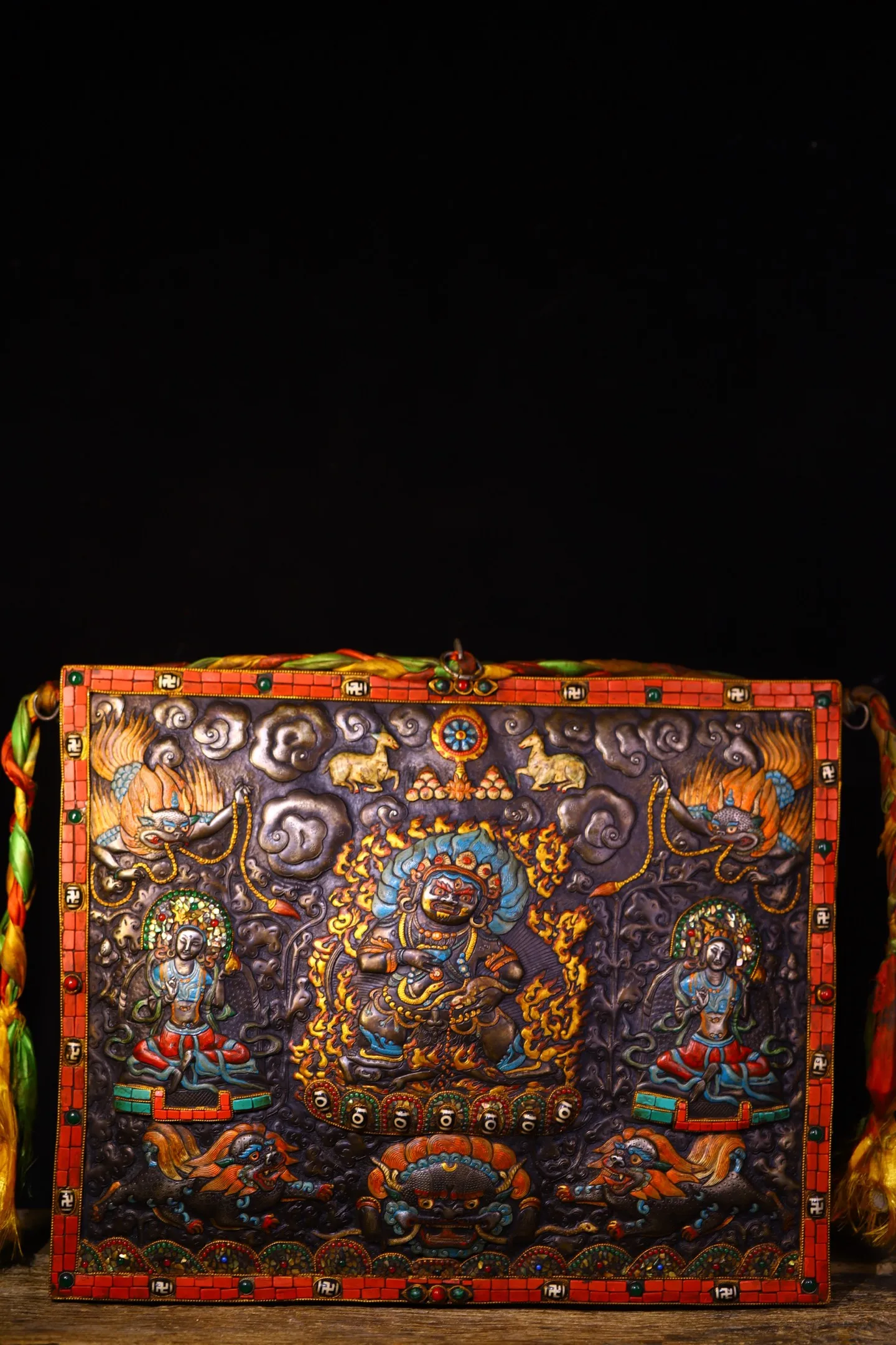 

19"Tibetan Temple Collection Old Tiantie Painted Mosaic Gem gZi Beads Turquoise Black Jambhala Thangka Amulet Hanging Panel