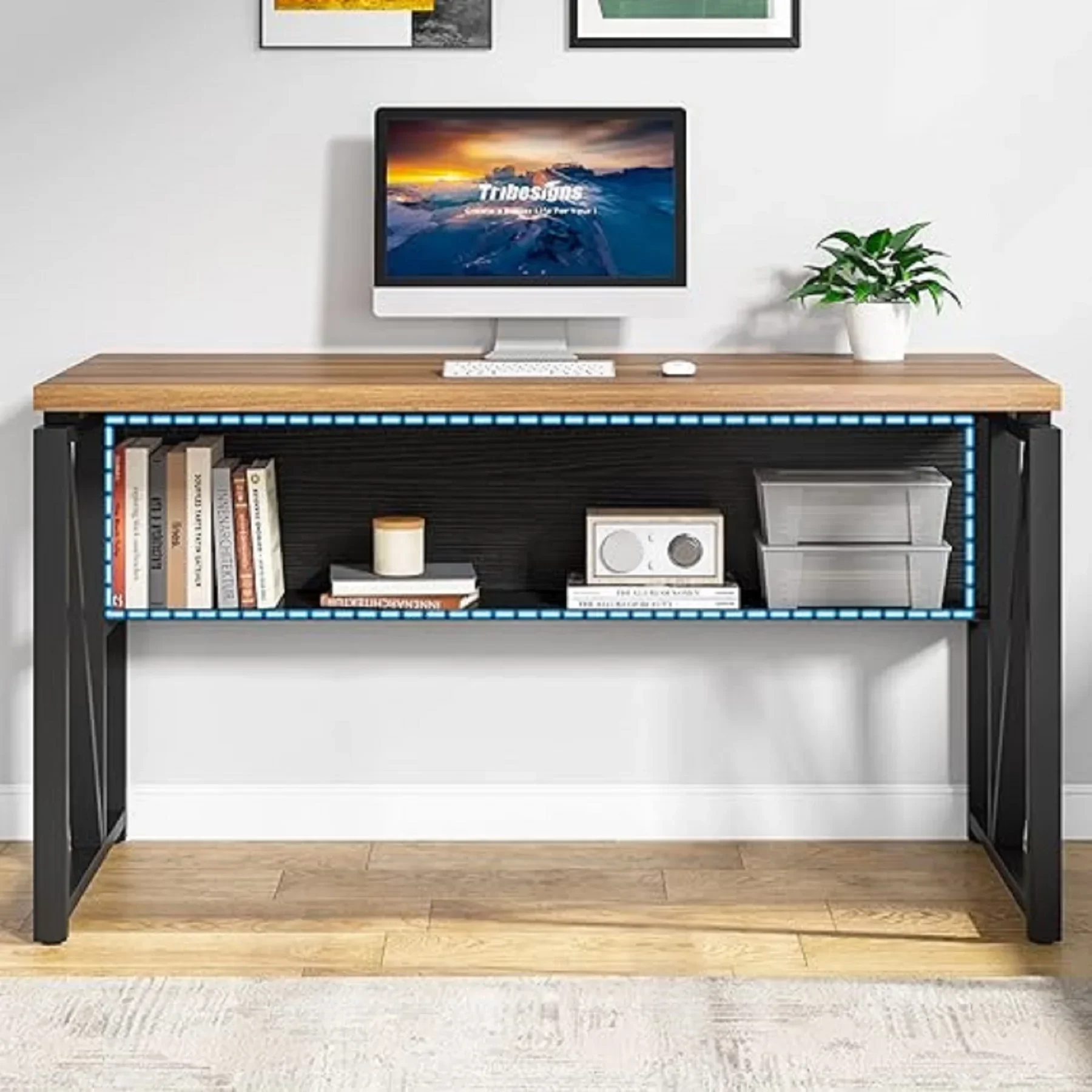 Tribesigns 55 inches Computer Desk with Bottom Stoage ShelfHome Office Desk Writing Table for Workstation,Dark Walnut+Steel Legs