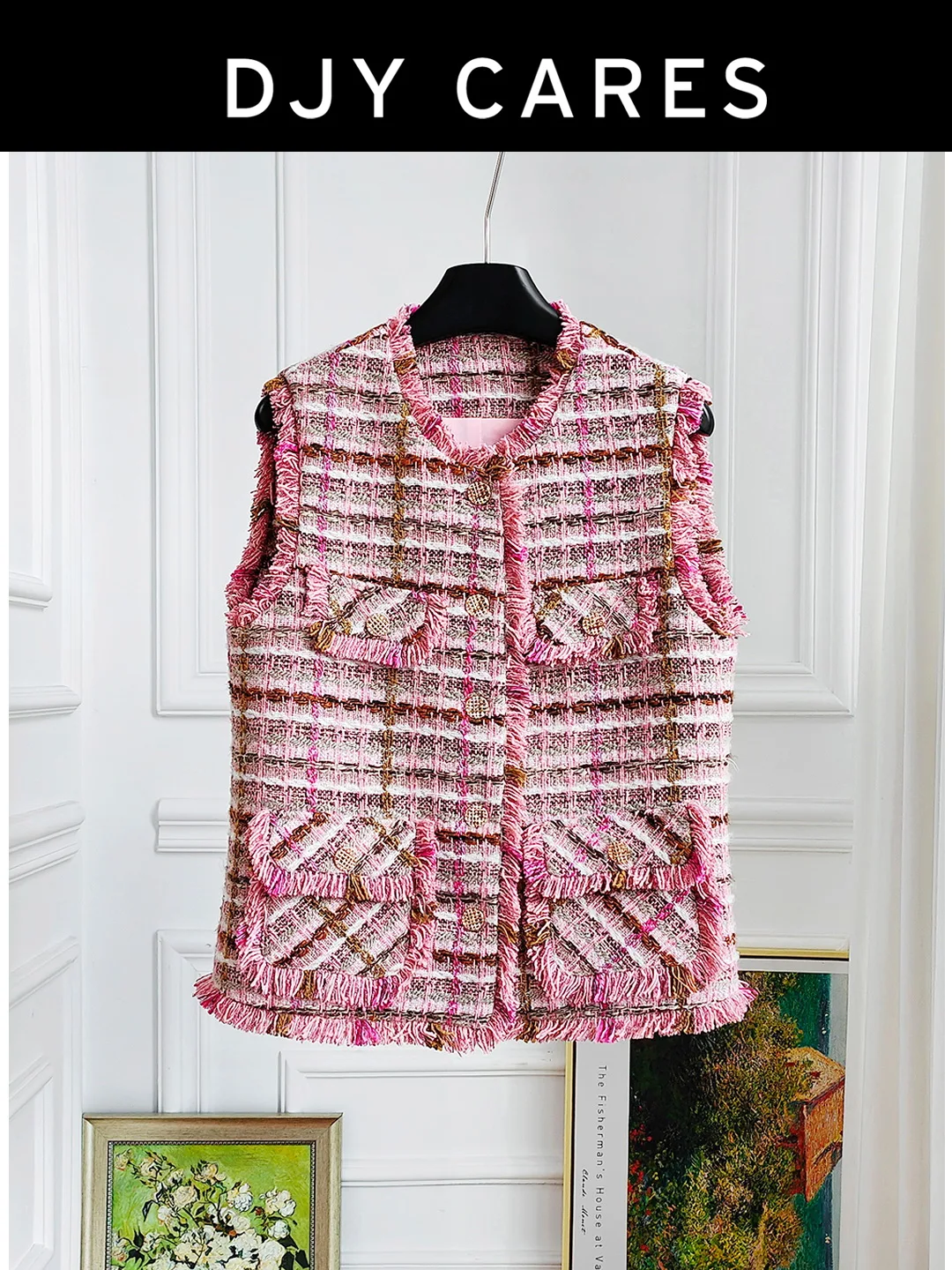 

New Pink round neck plaid tweed fringe vest top big size