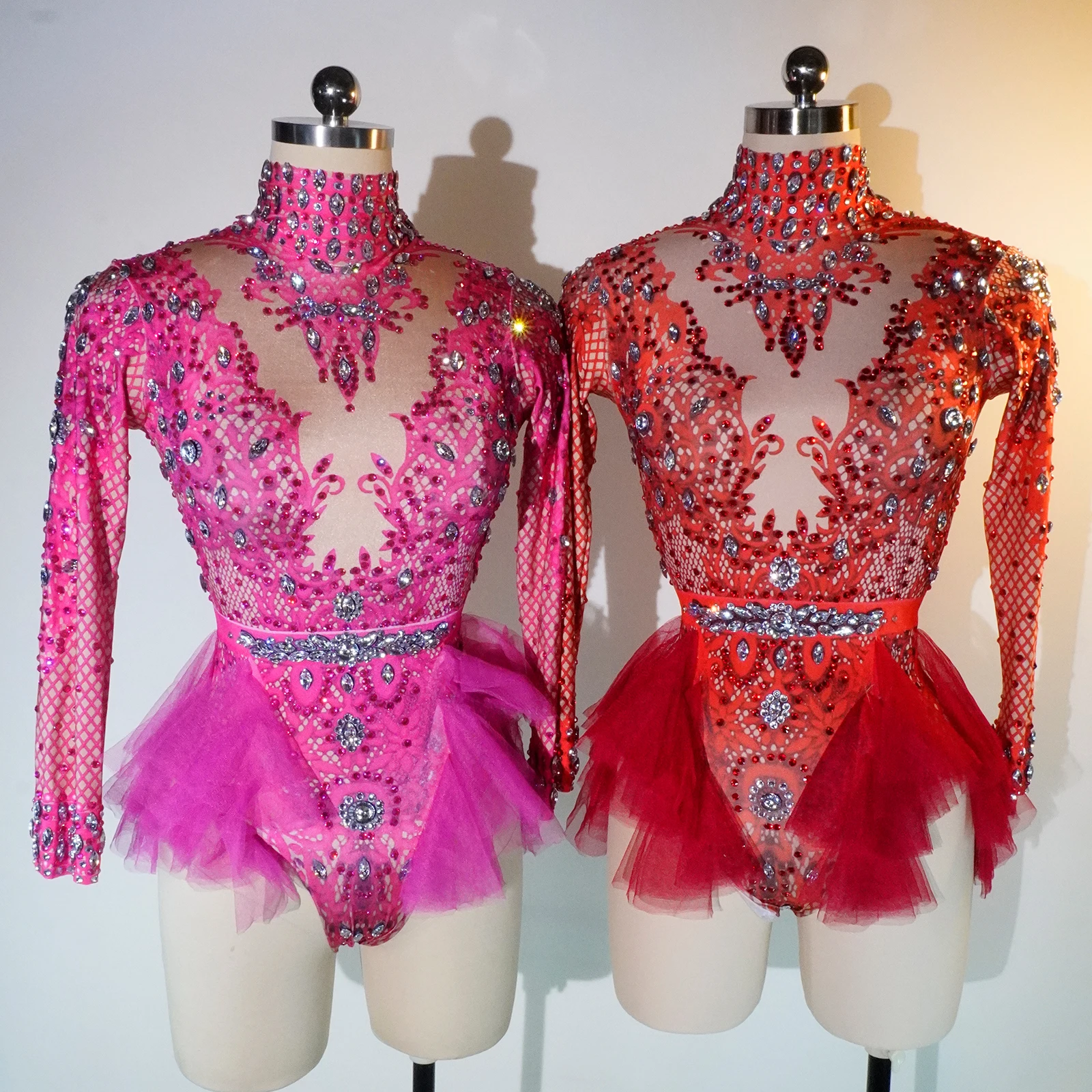 Fashion Rhinestone Red Ruffle Bodysuit Women Big Stretch Nightclub Prom Bar Concert costume Stage Singer Show Dance Leotard DS