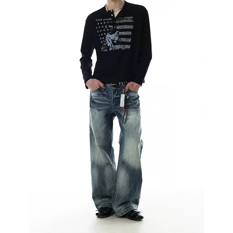 2026 Autumn Winter New Men's Jeans Oversized Wide Leg Pants Loose Vintage Patchwork Lightning Cracked Denim Trousers Streetwear