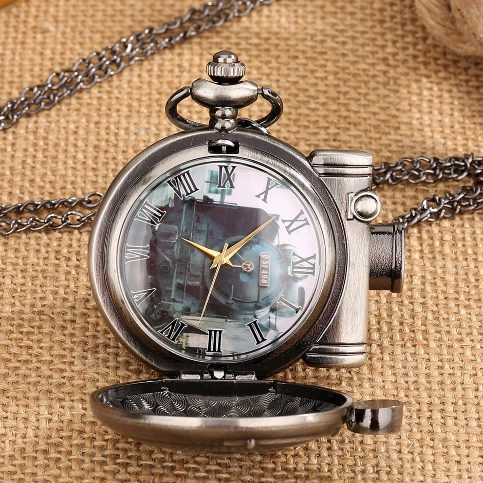 Eisenbahn Klassische Fracht Zug Set Passagier Wasser Dampf Lokomotive Quarz Taschenuhr Retro Grau Halskette Anhänger Herren Uhr