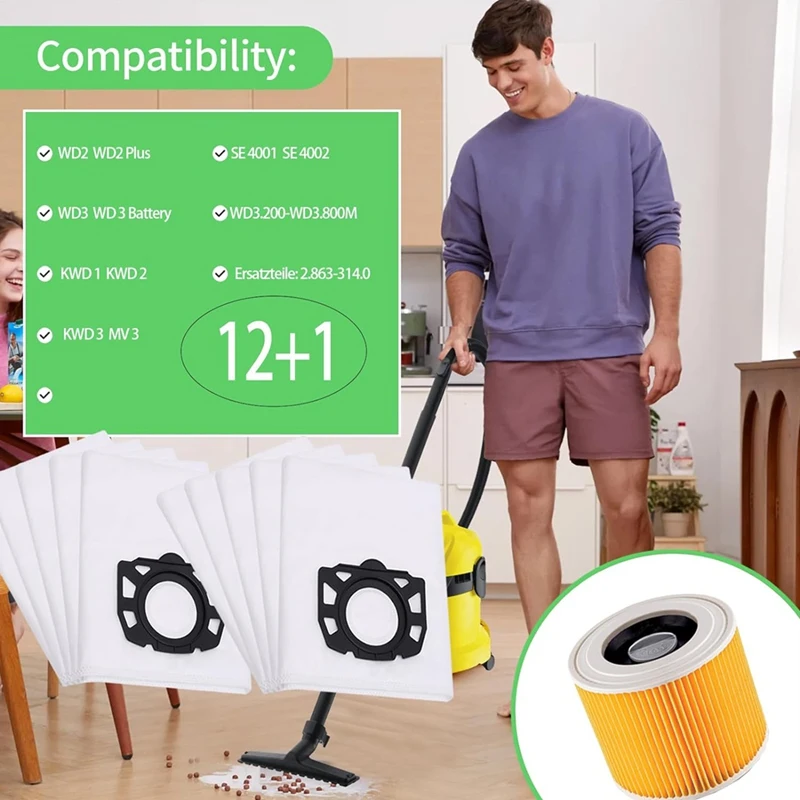 فلتر أكياس المكنسة الكهربائية لـ Karcher KFI 357، WD2 Plus، WD3، KWD 1-3، قطع غيار المكنسة الكهربائية 2.863-314.0