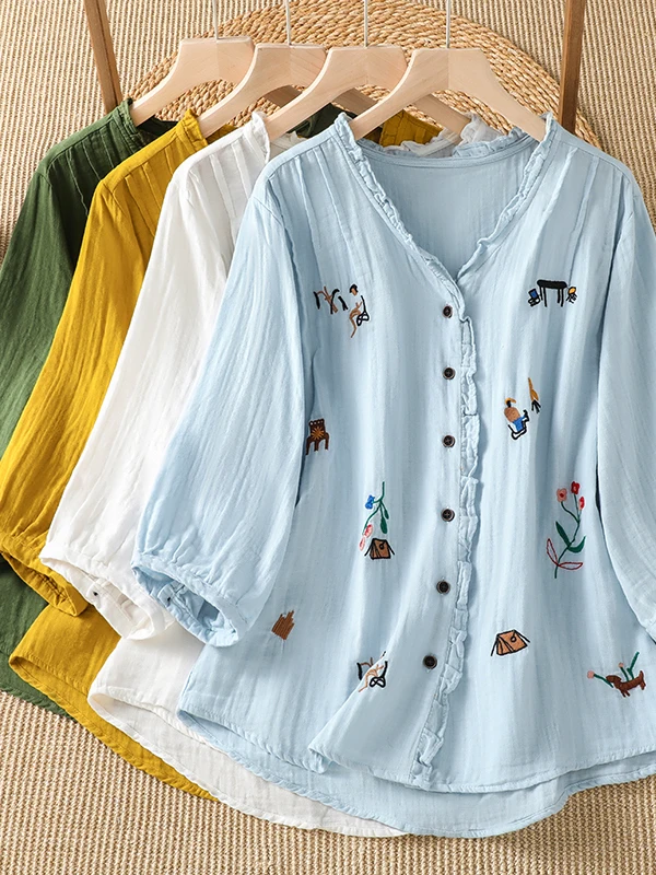 Heavy Embroidery Cotton Linen Short Sleeve Shirt Summer Loose Slimming Top Versatile V-Neck Small Shirt for plus Size Women