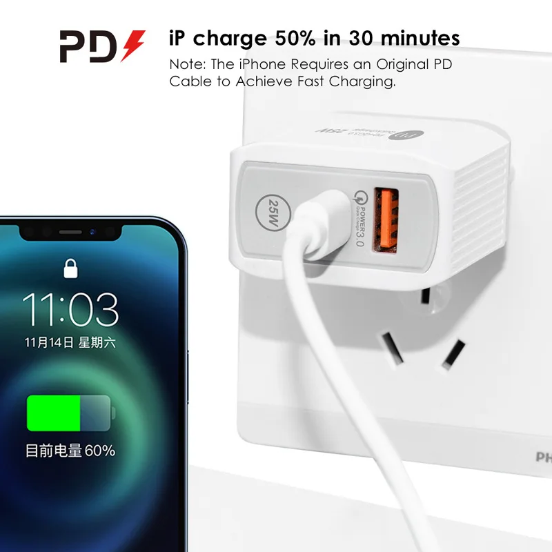 PD 25W 5V/5A 9V/2.8A 12V/2.1A EU/US/UK Plug LED Light 2 Ports USB Adapter Wall Charger   Fast Quick Charge QC 3.0 Mobile Phone