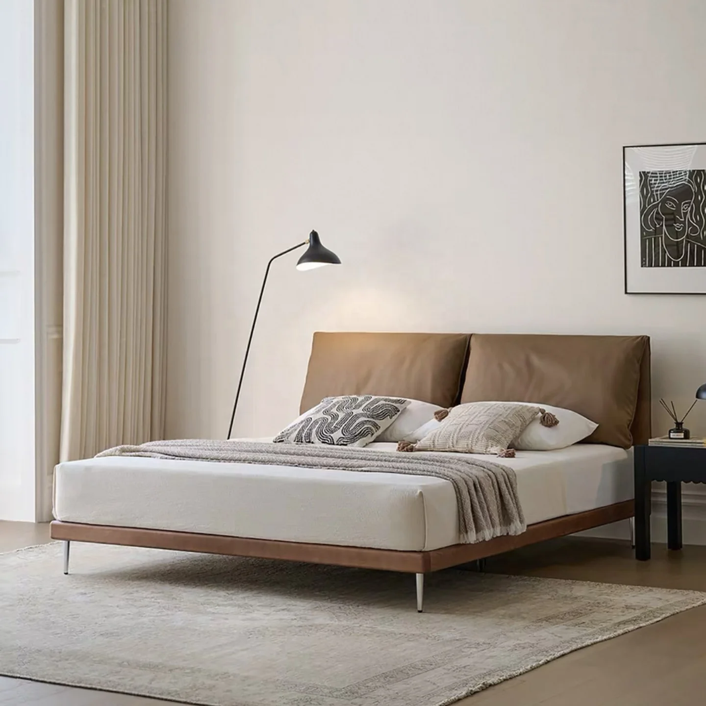 

# Italian Minimalist Luxury Napa Leather Master Bedroom Bed Modular 1.5 1.8 Meters Extra-large Villa Size Double Soft Be