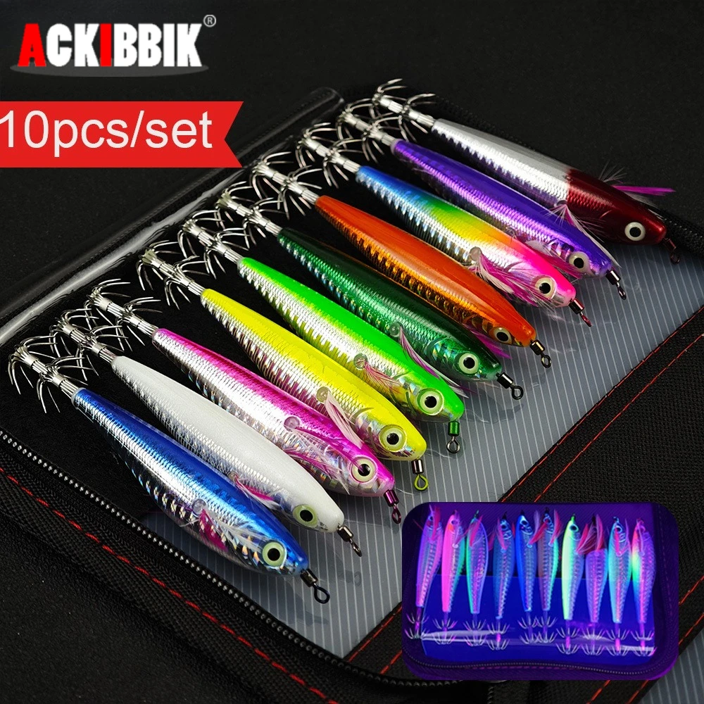 10pcs Horizontal Squid Jig Egi Set Luminous UV Reflective Octopu Cuttlefish Hook with Carry Bag for Saltwater Night Fishing