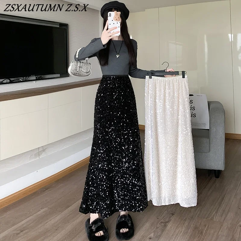 Sequined Skirt Women Solid Elastic Waist Fishtail Skirt Korean Fashion Clothing Evening Party Sparkling Bodycon Skirts Female