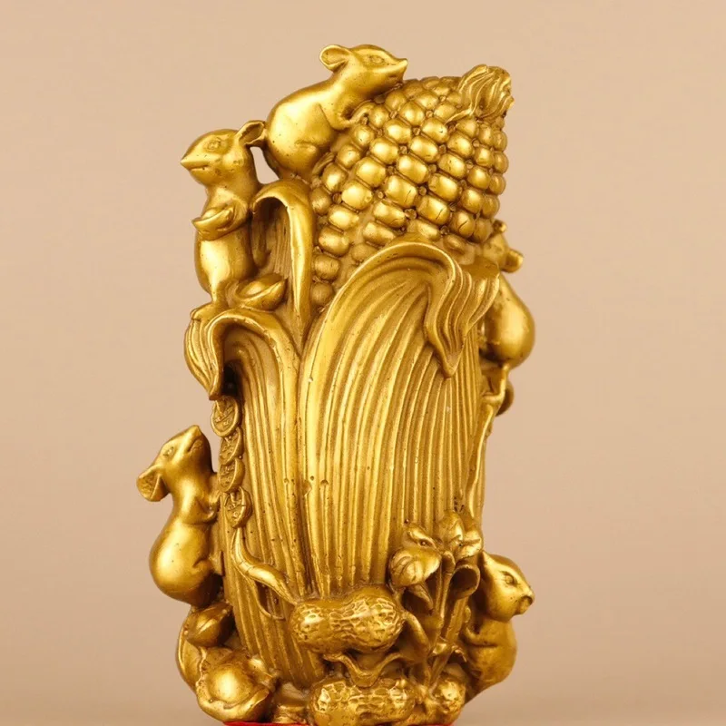 Brass Five-Gem Scholar Figurine with Mouse and Corn Ornament, Bronze Home Bar Counter Office Desk Decoration