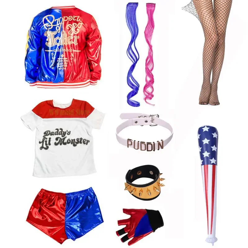 New 2025 Kids Squads Cosplay Girls Quinns Costume Printing Jacket Shirt Pants Gloves Accessory Suicide Quinns Cosplay Hallow *o*