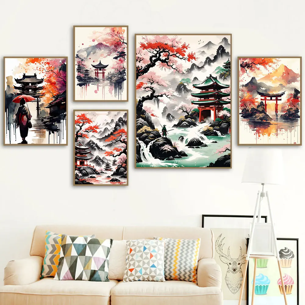 Japanese Cherry Blossom Koi Fish Moon Lake Magic Art Poster Canvas Painting Japan Landscape Wall Art For Living Room Home Decor