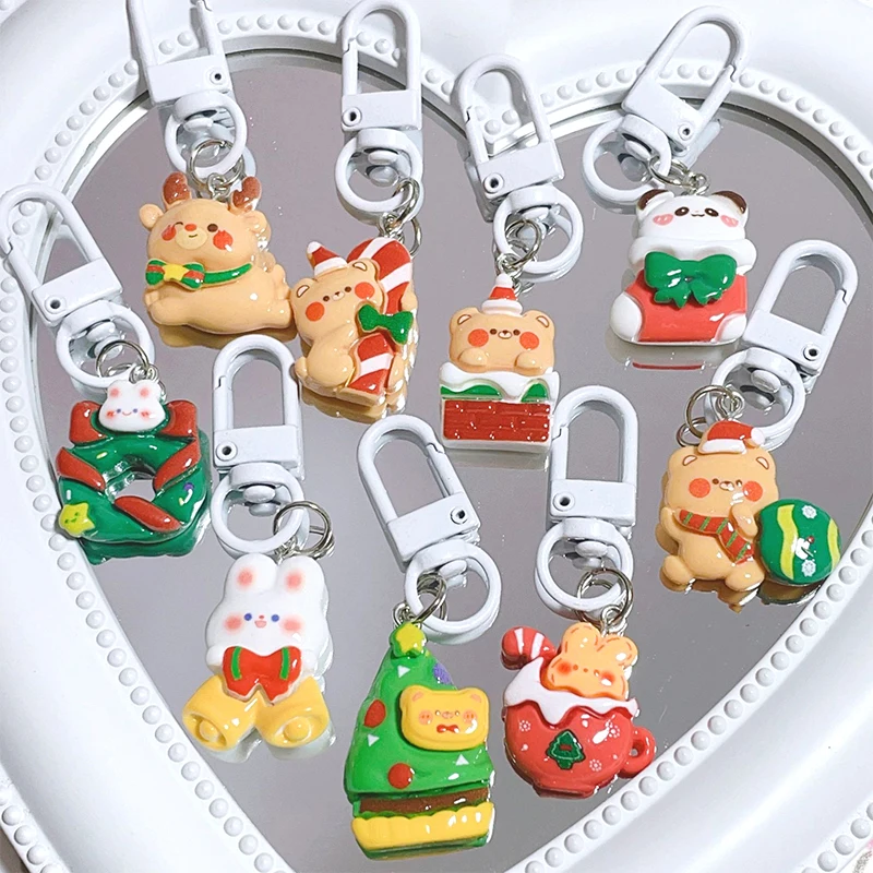 Carino natale portachiavi cartone animato orso coniglio albero di natale calzini alce ciondolo portachiavi telefono Charms zaino Car Bag Decor